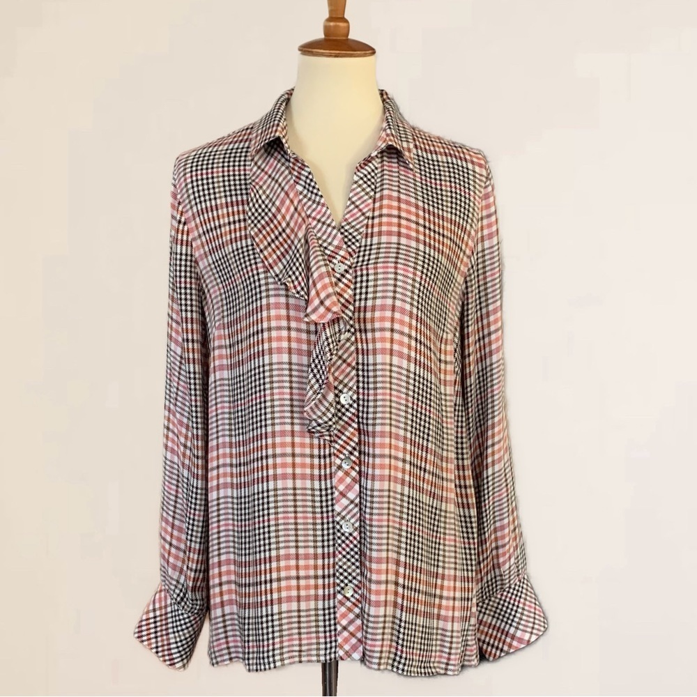 NWT J. Jill Ruffled Plaid Button Front Top TeaRose Size Medium